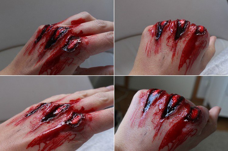 Krvavé rany nalíčte želatínou rany-make-up-otvorené-rany-kĺby-želatínový film krv-vatové guľôčky