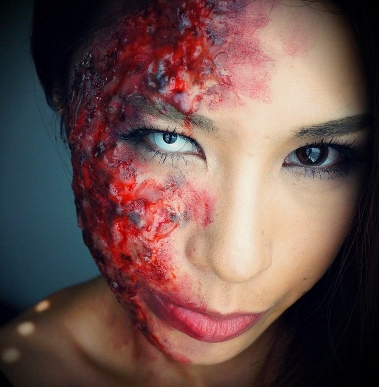 Halloweenske líčenie s popáleninami a farebnými kontaktnými šošovkami rany-make-up-popáleniny-halloween-falošné-krvavé-kontaktné šošovky