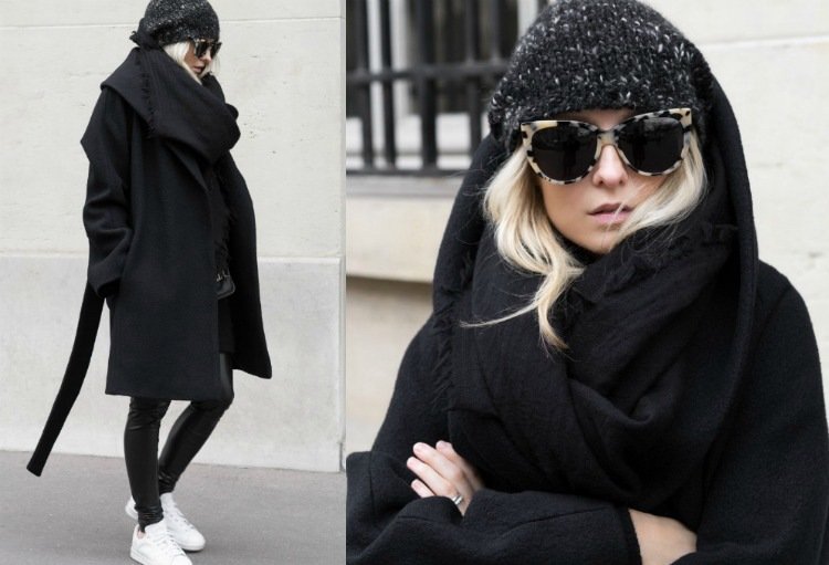 čierna šatka XXL, oversize kabát a biele tenisky xxl-šatka-čierna-monochromatická-oversize-kabát-teniska-biela