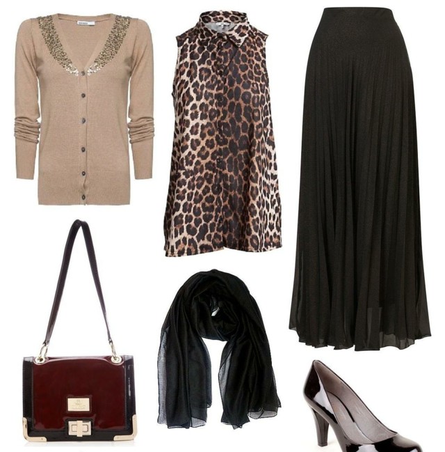 svetlohnedá vesta-čierna-šatka-dlhá sukňa