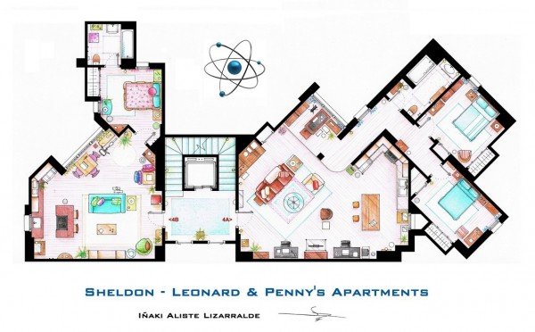 Teória veľkého tresku Obľúbená séria pôdorysu Sheldona Leonarda Pennyho Teória veľkého tresku Sheldon Leonard pôdorys bytov