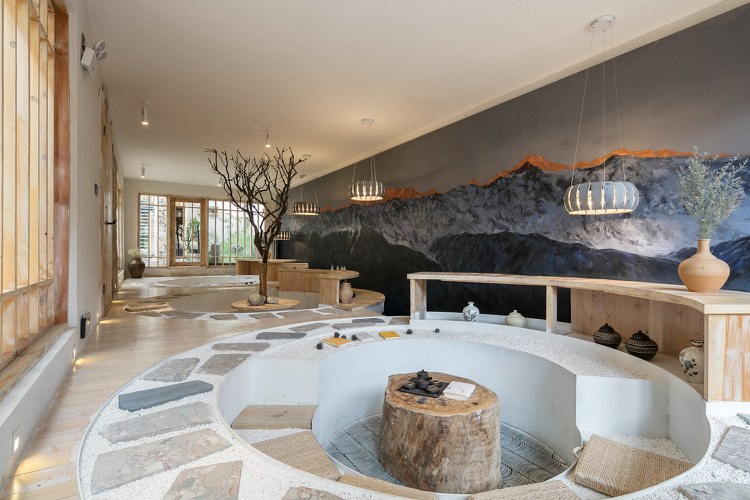 zen design intereur ľahké drevo biely štrk