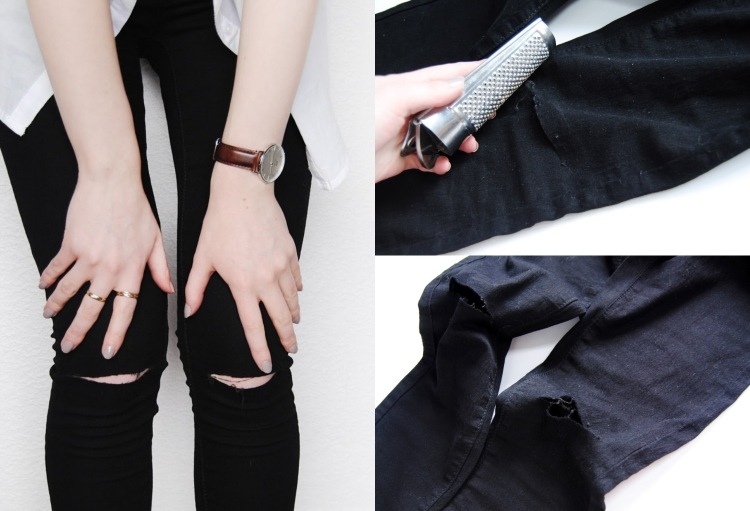 roztrhané džínsy-urob si sám-strúhadlo na syr-použitý-vzhľad