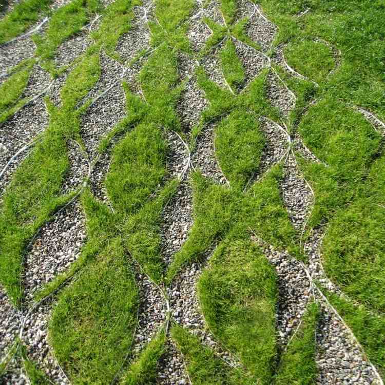 umelecké a hravé tvary s trávnikom a ozdobným štrkom Okrasný štrk v záhrade-dizajn-geometrický-umenie-tvary trávnika-krásne-kovové profily-pásy