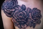 Fekete rózsa tetoválás a vállon és a mellkason