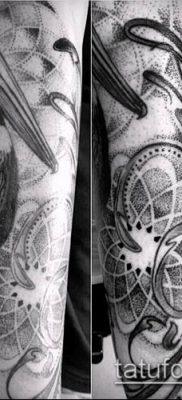 A dotwork tetoválás # 964 egy rajz egyedi változata, amely sikeresen használható a pontozás feldolgozására és alkalmazására egy lánynál tetoválásként