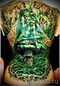 Tattoo tündér ül egy gomba - munka az egész hátán - nagy gyönyörű rajz