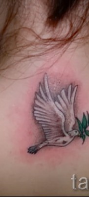Снимка на татуировка на бял гълъб с клонка на гърба на момичето под врата