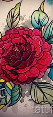 A kamélia tetoválás hűvös változata a fotón, a kaméliavirág tetoválásba történő rajzolásának anyagához