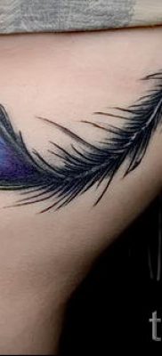 Fotó egy hűvös pávatoll tetoválásról, amelynek vázlata alkalmas combra vagy kézre - a tetoválás anyagának jelentése