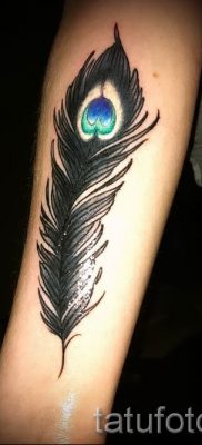 Fotó egy elegáns pávatoll tetoválásról, amelynek vázlata alkalmas a combra vagy a hátra - a tetováló anyag jelentése