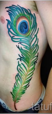 Egy fotó egy elegáns pávatoll tetoválásról, amelynek vázlata alkalmas a combra vagy a csuklóra - a tetováló anyag jelentése