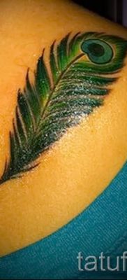 Fotó egy elegáns pávatoll tetoválásról, amelynek vázlata alkalmas lábfejre vagy lapockára - a tetováló anyag jelentése