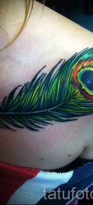 Fotó egy érdekes pávatoll tetoválásról, amelynek rajza alkalmas a combra vagy a mellkasra - a tetoválás anyagának jelentése