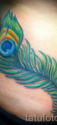 Fotó egy hűvös tetoválás pávatollról, amelynek rajza alkalmas a lábhoz vagy a háthoz - a tetováló anyag jelentése