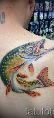 Снимка на татуировка на щука - цветна татуировка на рамото на мъжа