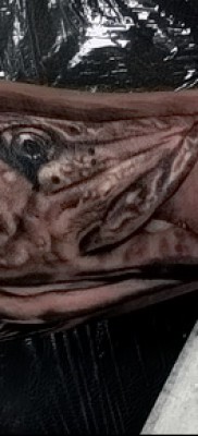 Снимка на татуировка на щука - на цялата ръка и риболовна кука