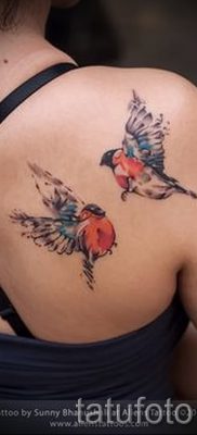 A bikaviadal -tetoválás ötletének szokatlan változata egy kész tetováláson a fotón - egy cikkhez a bullfinch tetoválás jelentéséről