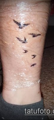 A madárállomány -tetoválás # 228 a minta érdekes változata, amely jól használható madarak nyájának feldolgozására és felhelyezésére a nyakra tetoválásként