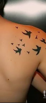 A madárállomány tetoválása # 947 a minta érdekes változata, amely sikeresen használható a madárcsapat vállán történő átalakítására és tetoválásként történő alkalmazására