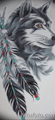 Снимка на татуировка с вълк и пера от 21.09.2018 г. №045 - татуировка вълк и перо -