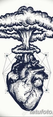 Szív és nukleáris robbanás tetoválás művészet. A szeretet, az érzések, az energia szimbóluma. Nukleáris robbanás az anatómiai szív póló design szürreális grafika