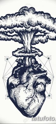 Szív és nukleáris robbanás tetoválás művészet. A szeretet, az érzések, az energia szimbóluma. Nukleáris robbanás az anatómiai szív póló design szürreális grafika