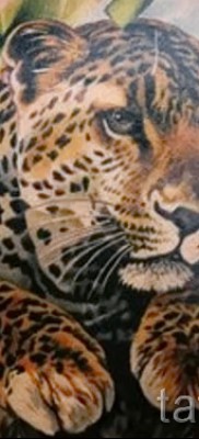 Fotó egy leopárd tetoválásról - egy változat, amelyben egy állat van a lombozatban