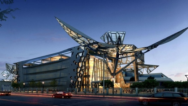 moderná architektúra zoomlion výstavisko nočné osvetlenie