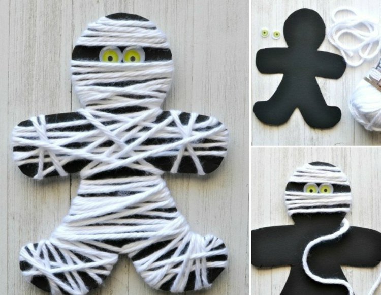 halloween-drotár-deti-múmia-papier-jednoducho-vlnené nite-drobet-nápady