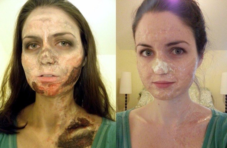 strašidelný zombie vzhľad s falošnou kožou halloween-make-up-zombie-návod-na tvár-želatína