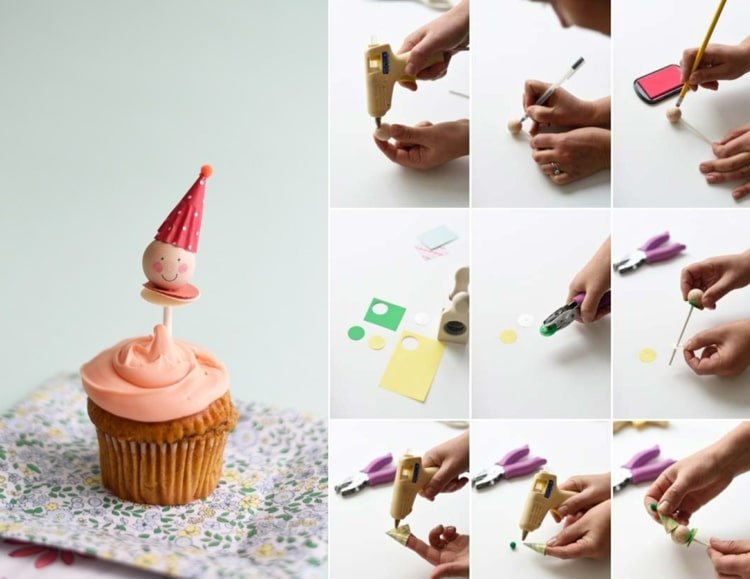 Klaunský drotár s drevenými guľkami ako ozdoba koláča na muffiny