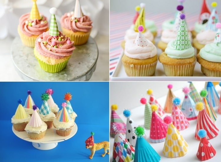 Karnevalové muffiny s večierkovými čiapkami z papiera a brmbolcov