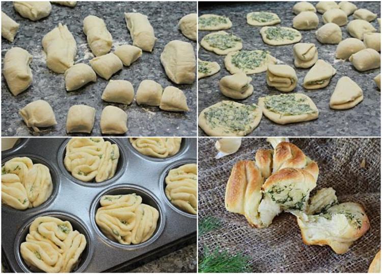 Mini skladaný chlieb z muffinovej formy s bylinkovým maslom a cesnakom