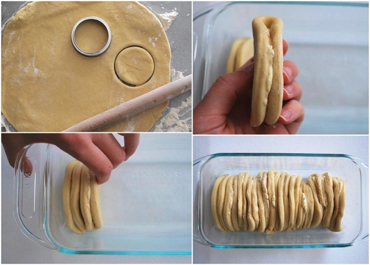 Vykrojíme kruhy z kváskového cesta a preložíme na polovicu a upečieme