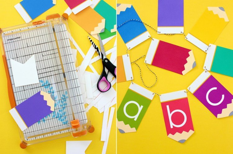 Vystrihnite farebné ceruzky, urobte diery a spojte ich šnúrkou