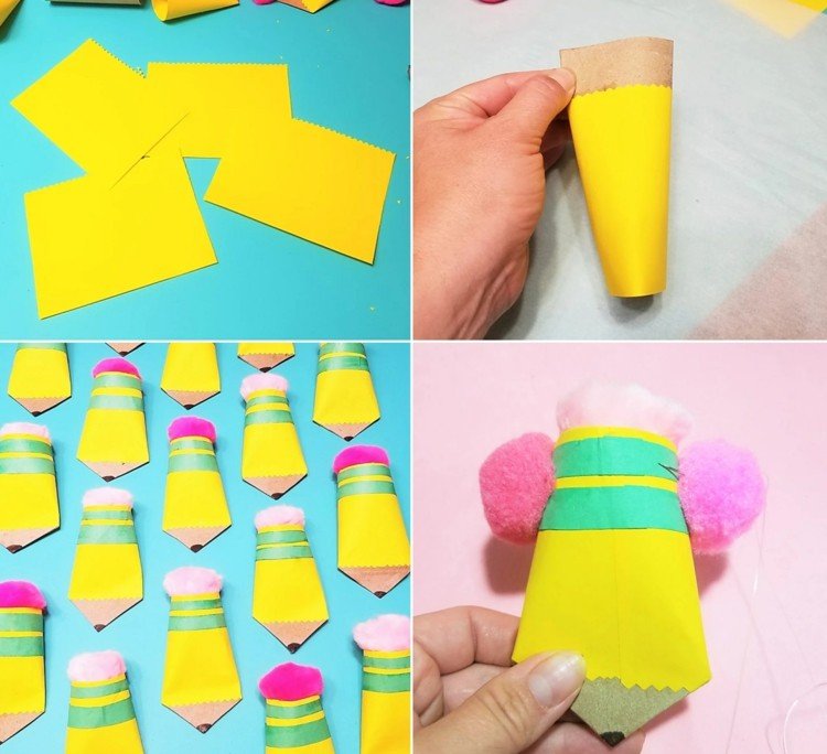 Vyrobte si ceruzky sami z roliek toaletného papiera ako figúrky pre girlandy na začiatku školy