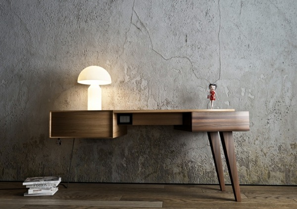 Drevený stolík Drevené farebné zásuvky Stolová lampa betónová stena