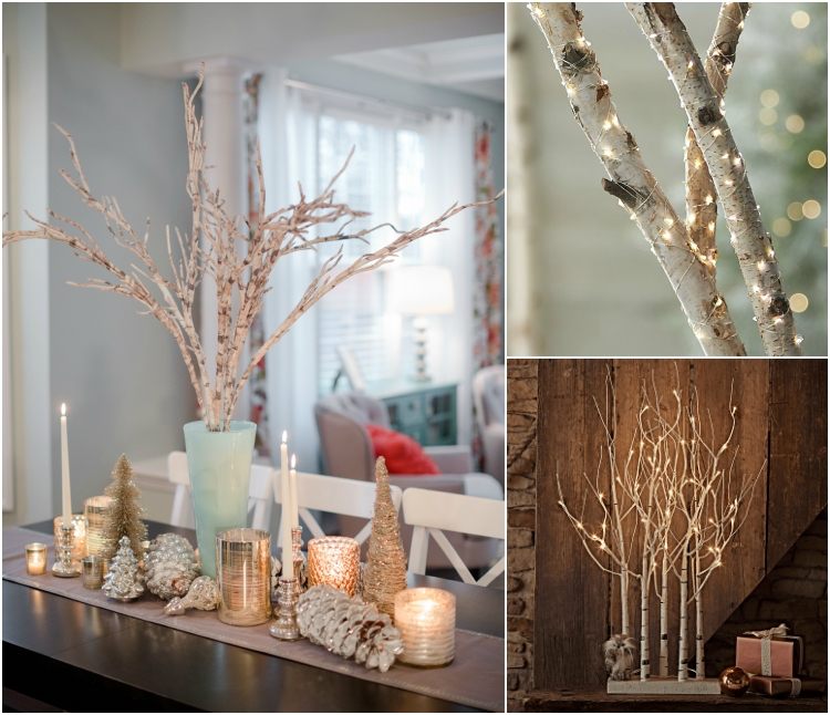 Dekorácia konárov na vianočnú bielu brezu